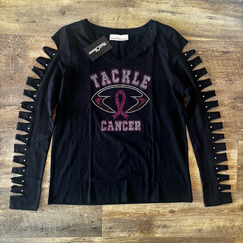 Zenana Black and Pink Tackle Cancer Rhinestone Cut-Out Long Sleeve Shirt Size XL